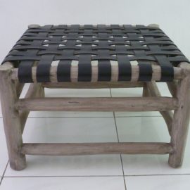 Ottoman with weathered grey teak pole frame and black woven leather